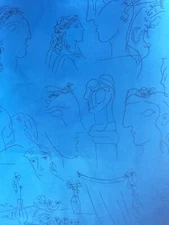 Cotton  Fabric  Pen Drawings  Blue Kenmill Textile Corp. by 1/2 Yard