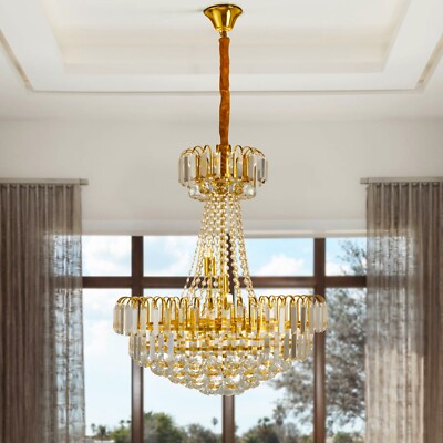 24'' Luxury Empire Crystal Chandelier Gold Rain Drop Pendant Lamp 8-Light Fixture