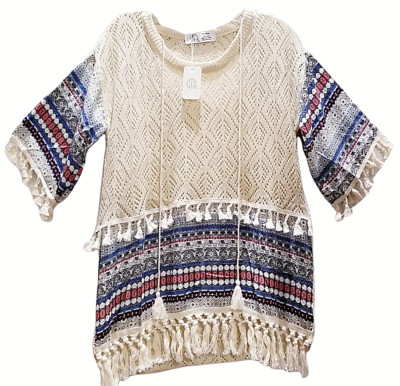 R Apparel Women 3/4 Sleeve Sweater Blouse Lace Fringed Crochet Sheer Ivory New