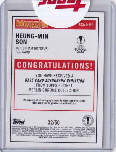 Topps Merlin Chrom 20/21 Nr BCA-HMS Gold Refractor Auto Heung-Min Son 32/50 - Bild 2 von 2
