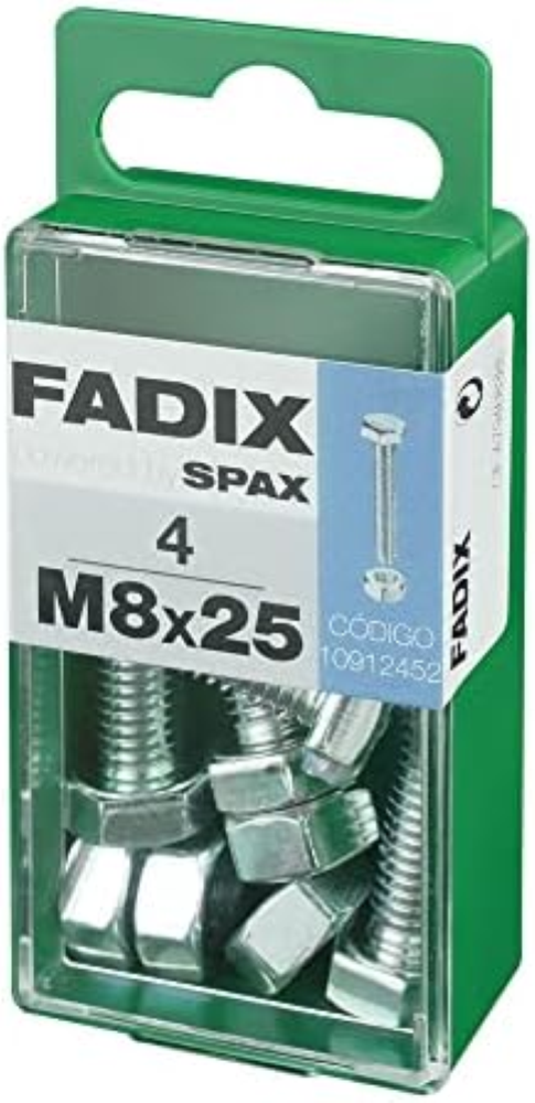 CAJA S 4 uds. TORNILLO METRICA CAB HEX +TUERCA CINC M 8x25mm FADIX