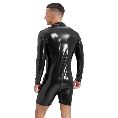 Men's Sexy Faux Leather Bodysuit Latex Long Sleeve Romper Club Party Outfits - Picture 16 of 41