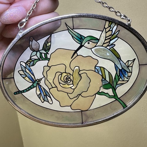 Vintage Buntglas Sonnenfänger Kolibri Blume Libelle hängende Kette - Bild 6 von 7