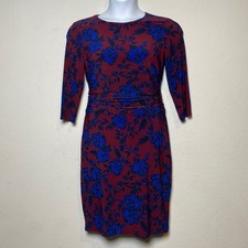 Lauren Ralph Lauren Burgundy Blue Floral Ruched Waist 3/4 Sleeve Sheath Dress  8