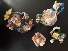 Vintage Fitz & Floyd Alice In Wonderland Tea Pot, Creamer/Sugar Biscuit Jar Exc