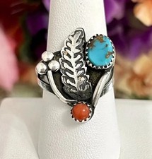 Sterling Silver Native American Detailed Turquoise Coral Leaf Ring Band Sz 8.75