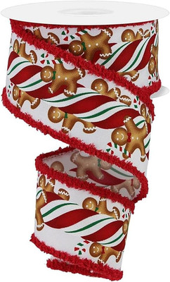 Gingerbread Cookies and Peppermint Swirls Wired Ribbon with Drift Edges, 2.5'' X