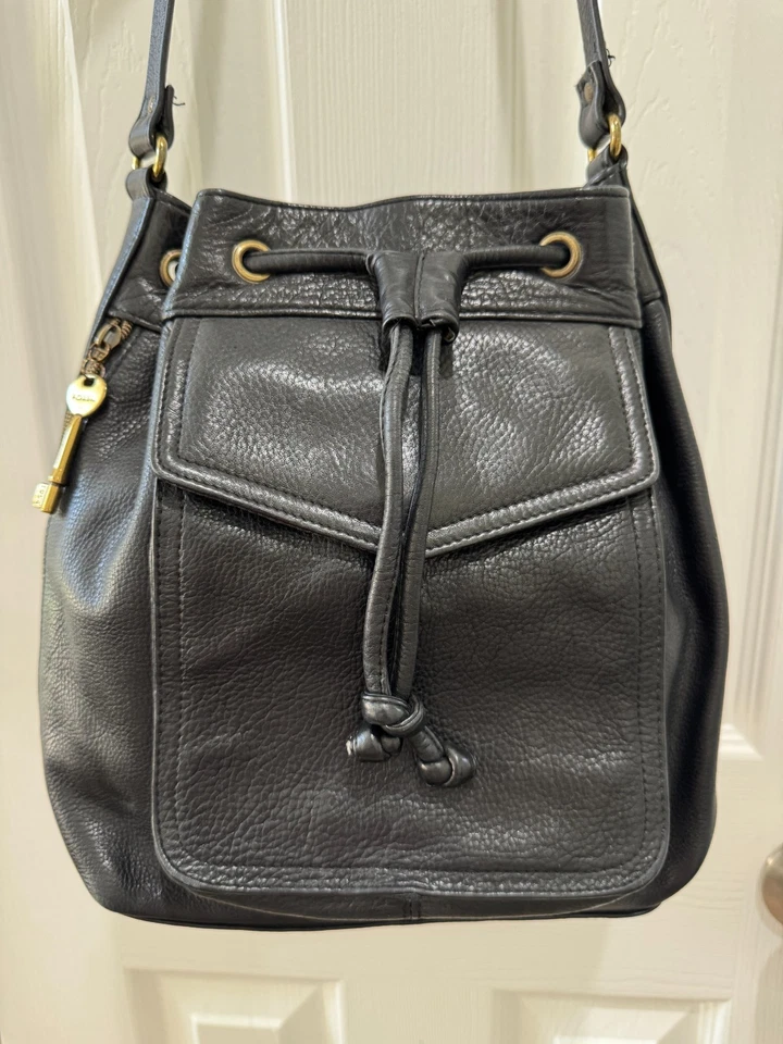 Cartera Fossil Cuero Negro Cordón Cubo Bolso de Hombro Cartera Foto 2 de 4