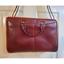 Cognac Brown Leather Briefcase Lap Top Case Dbl Handle Shoulder Strap Vantaggio