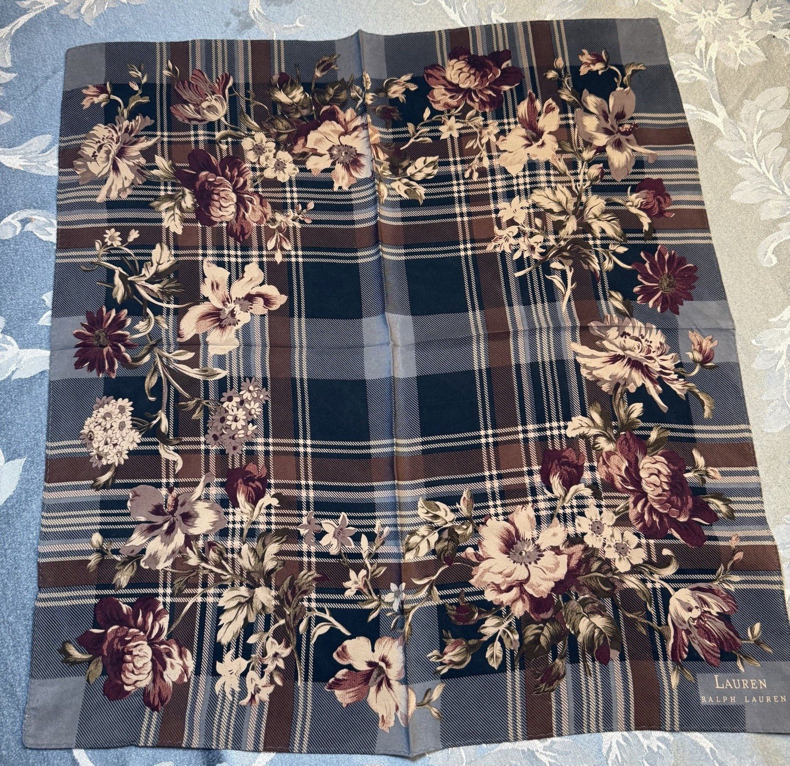 Lauren Ralph Lauren 100% Silk Square Scarf | Plaid & Floral Autumn Earth Tones