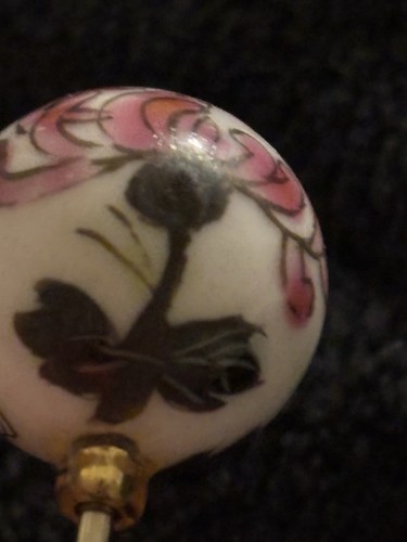 Antique Hat Pin Enamel Porcelain Ball 1.5” ball 2.7”L abstract flowers - Picture 15 of 17