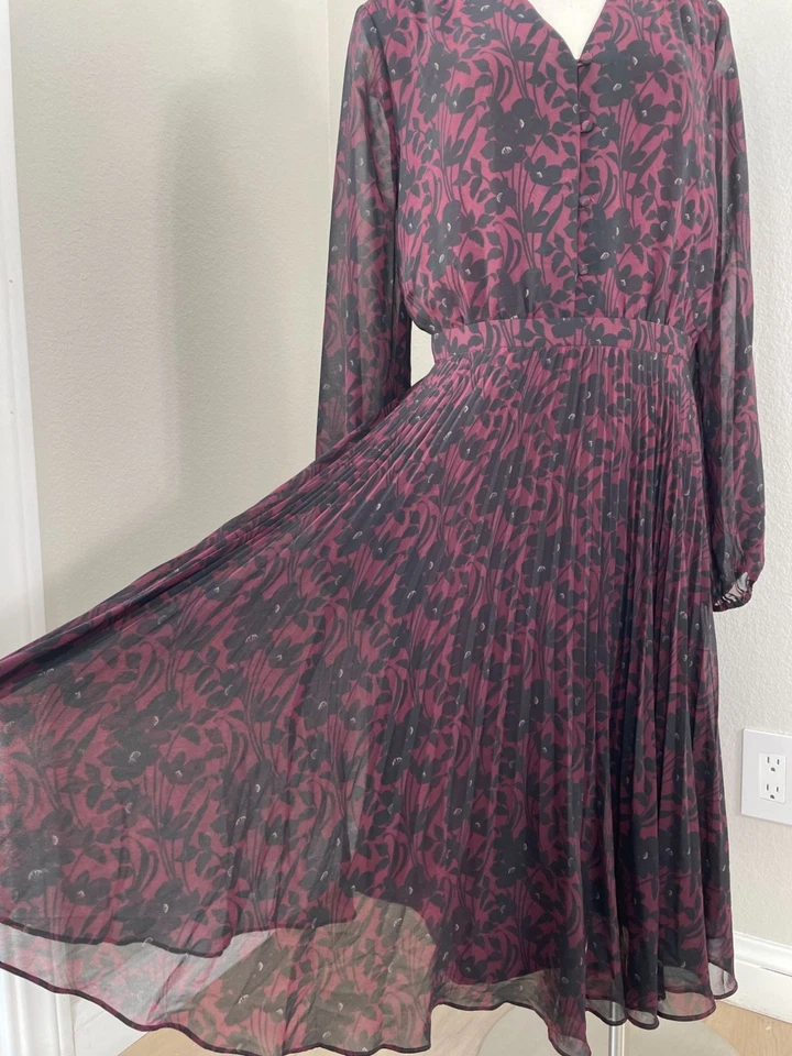 Ann Taylor Womens 18 Black Burgundy Floral Long Sleeve V Neck Pleated Dress - Image 3 of 4