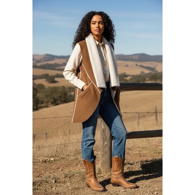 Dylan by True Grit Faux Suede Shearling Vest Brown Sherpa Lined Open Front L