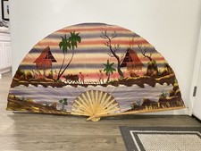 Asian Large Wall Fan 69  x 34.5  Thai Chinese Bamboo Village Farm Island -FS 