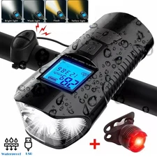 USB Rechargeable LED Cycle Bike Headlight + Rear Light Horn Speedometer Odometer
