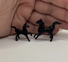 Vintage Hand Blown Art Black Glass Horse Figurine Tiny Pair Miniature Trinkets