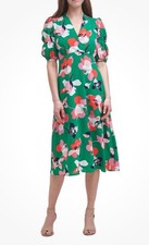 Vince Camuto Women’s Dress 4 Green Floral Print V-Neck Fit Flare Lined Classic