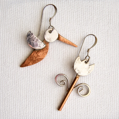 Spiral Flower Bird Asymmetrical Drop Earrings - Nature Artistic Statement