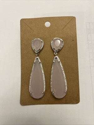 Pierced Earrings Dangle Pink Faceted Teardrop Stone With Clear Rhinestone