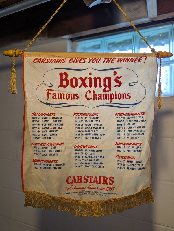 Vintage Carstairs Whiskey Promotional Boxing Banner Listing Champions