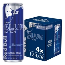 Red Bull Blue Edition Energy Drink, Blueberry 114mg Caffeine 12 fl oz Pack of 4