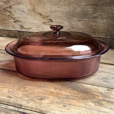 Vision Corning Cranberry 4 Qt Oval Casserole Roaster with Lid Vtg Tableware