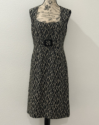 David Meister Black Beige Geometric Sheath Dress 6 Sleeveless Scoop Neck Lined