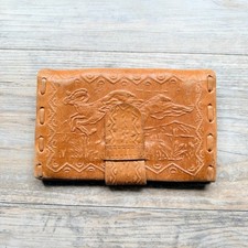 Vintage Tooled Leather Wallet Western Horse Cowboy Tan Bifold Snap Closure