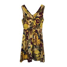 Banana Republic Silk Floral V-Neck Empire Waist Dress Yellow Purple Petite 0P