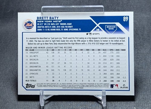 Brett Baty Rookie RC 2023 Topps Series 1 Baseball Card #89 New York Mets - Picture 2 of 2