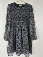 Loft Navy Blue Floral Paisley Smocked Lined Babydoll Peasant Boho Chic Dress 12