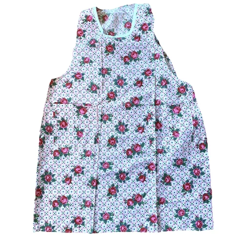 Vintage Kitchen Apron Pull Over with Pink Roses Heavy Fabric  (G)