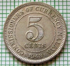 MALAYA - MALAYSIA GEORGE VI 1943 5 CENTS, 0.500 SILVER, HIGH GRADE