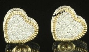 Authentic Certified Real Diamond Hearts Iced Stud Earrings Two Tone Gold Plated 925 Silver