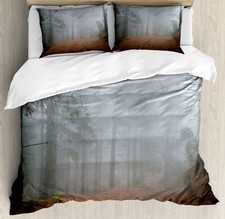 Image of Woodland Duvet Cover Set Mysterious Foggy Pine Tree