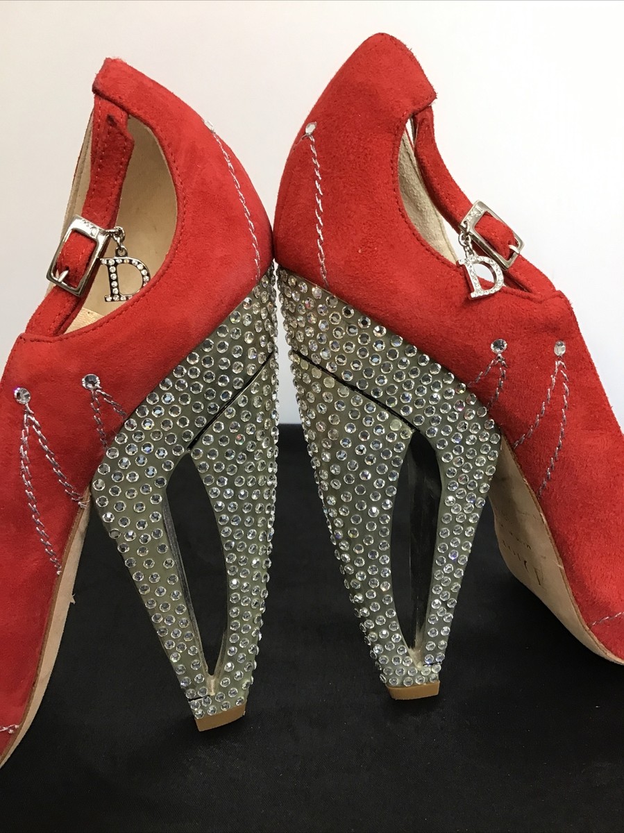 Christian Dior Shoes Red Suede Open Toe Rhinestone Curved