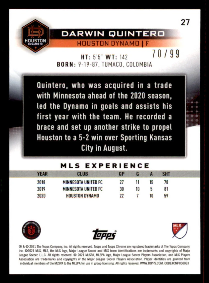 2021 Topps Chrome MLS Sapphire Aqua Refractors #27 Darwin Quintero /99 - Image 2 of 2