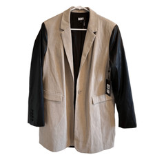 DKNY Women s Jacket Sz L Mixed Media Tailored Country Khaki Black Chic Punk NWT