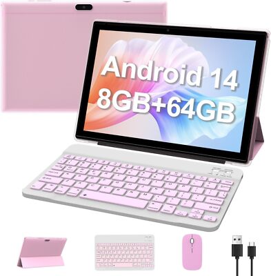 Android 14 Tablet 10 Inch Tablet, 2024 Upgraded 2 in 1 Tablet with Keyboard/ Mou