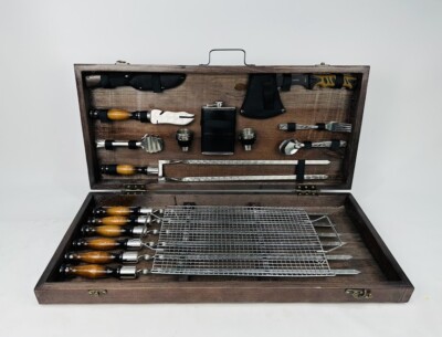 Skewers set grill set tools in wooden case for mangal and grill (7501)