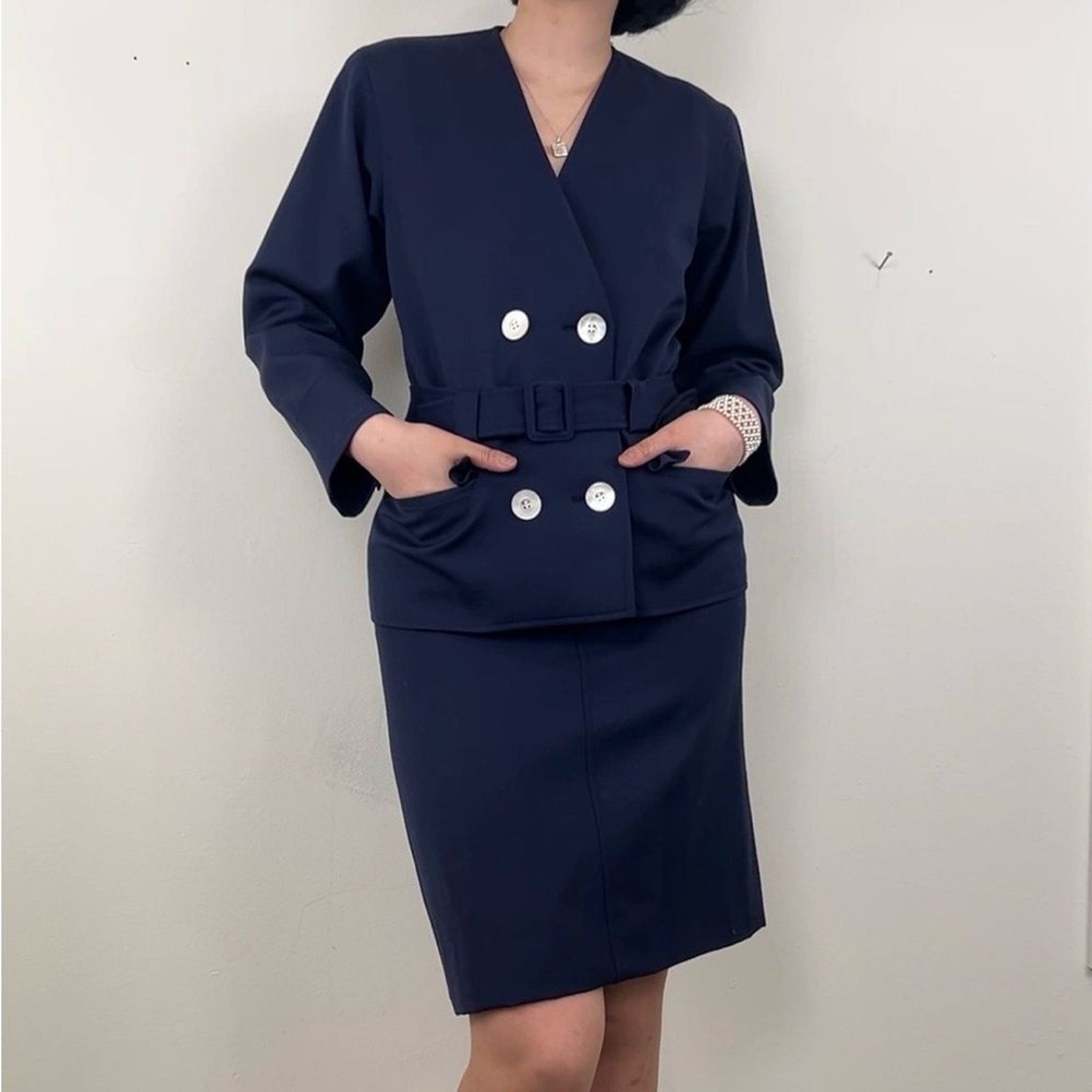Set completo vintage Yves Saint Laurent blu navy blazer e gonna lana