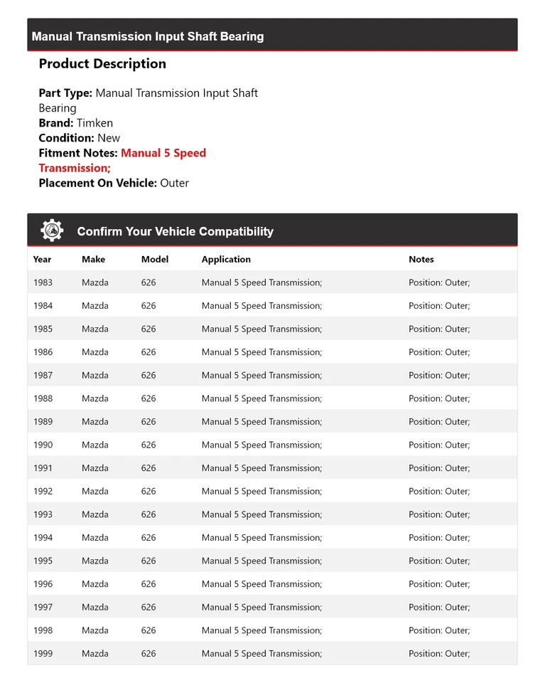 Cojinete exterior del eje de entrada de transmisión manual Timken para Mazda 626 1983-1999 Foto 2 de 4