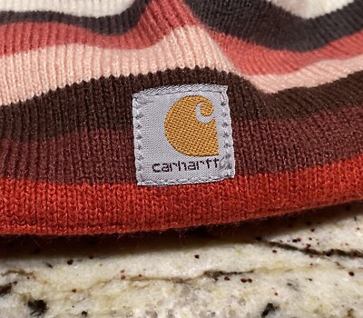 CARHARTT Striped Beanie Fleece Lined Winter Hat - Cranberry  display picture 1