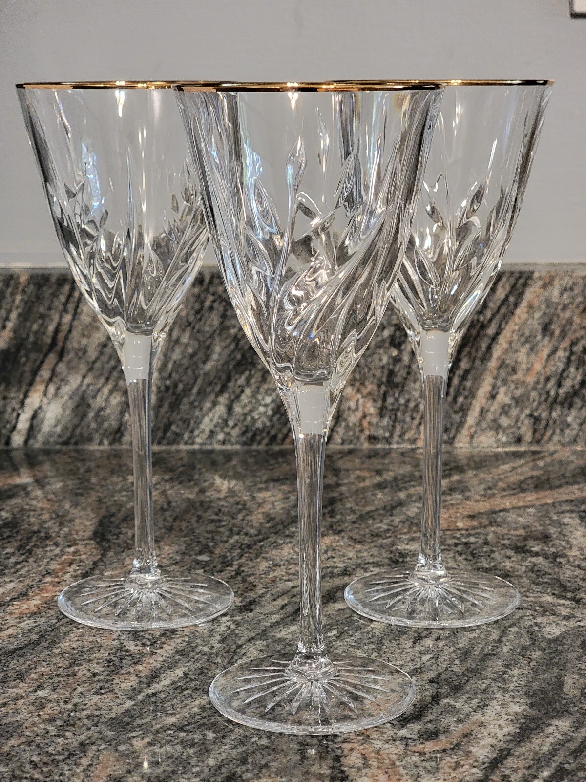 Set Of 3 Vintage Mikasa Gold Rim Dune Grass Pattern Crystal Wine