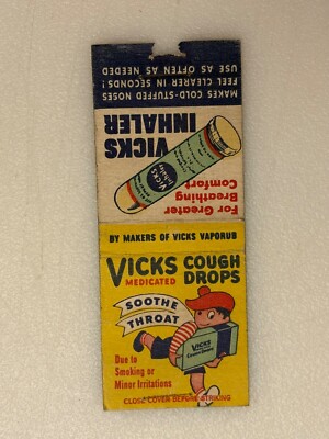 Vintage Matchbook Cover Vicks Medicated Cough Drops Inhaler Yellow Background