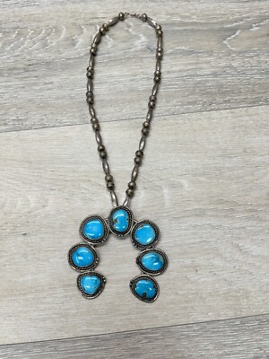 Old Pawn 21'' Navajo Sterling Silver Kingman Turquoise Squash Blossom Necklace