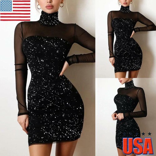 Womens Sequin Mesh Sheer Bodycon Mini 