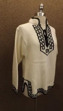 Vtg 1960s Carol Brent White & Black Ethnic Knit Peek-a-Boo Neckline Sweater 38