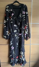Evans Size 22 Black Floral Midi Dress Wrap Style Frill Summer Occasion Casual G6