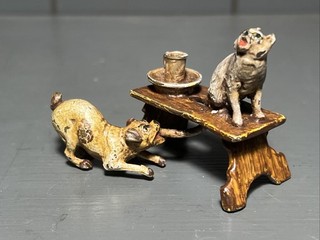 Antique Austrian Cold Painted Vienna Bronze Miniature Comical Cat & Dog Scene